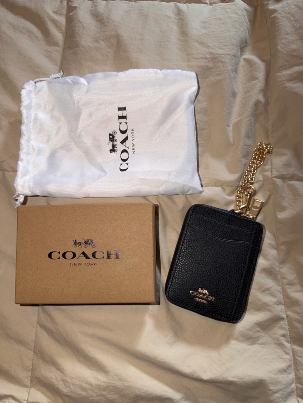 Coach Black Pebbled Leather Card Holder with Gold Chain